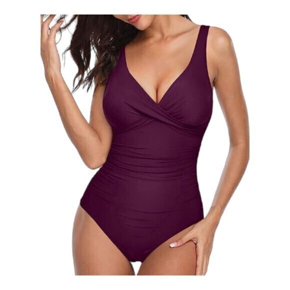 Front Twist V-Neck Purple Padded Ruched Med Section Swimsuit Size XL NWOT #5166
